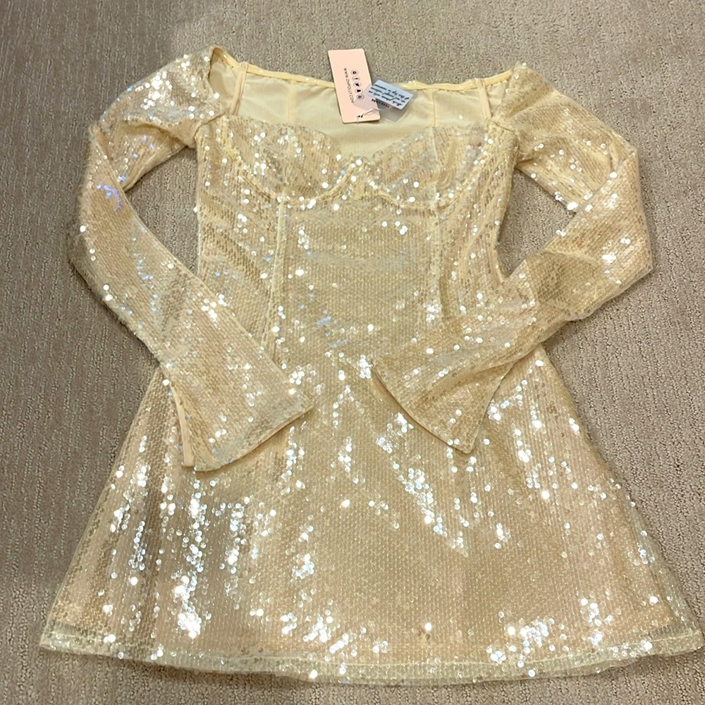 Oh Polly Cream Sequin Long Sleeve Mini‎ Dress 6 NWT